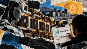 Editorial collage of an AI robot, Bitcoin mining rigs, and a human operator reviewing approval and rejection controls for equipment commands.