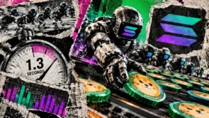 Editorial collage of robotic trading bots racing to acquire memecoins, with a 1.3-second stopwatch and Solana symbol.